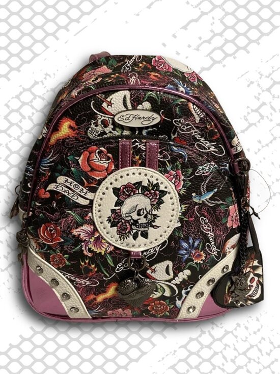Ed Hardy Skull and Roses Tattoo Print Mini Dome Backpack Metallic Pink NWT
